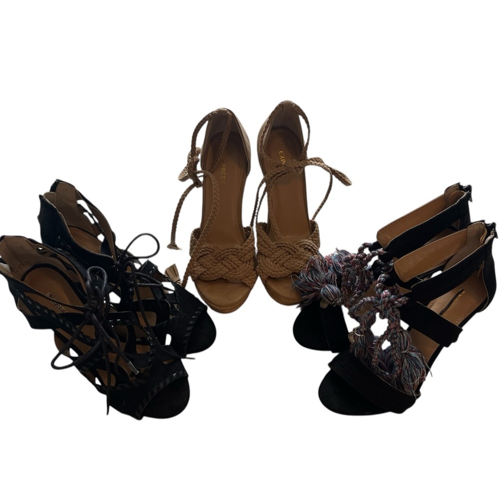 Express Nude tie wedge, Black lace up heels and Gladiator Tassels Heels size 6